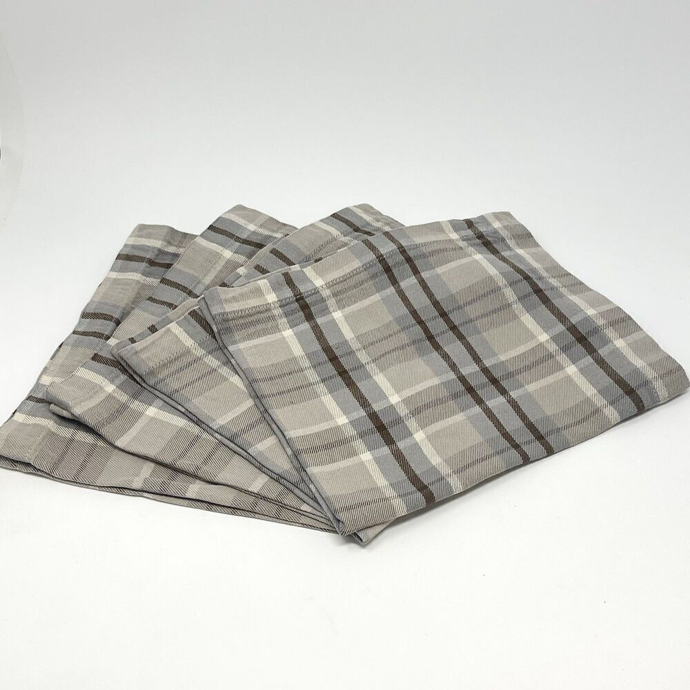 Pottery Barn Plaid Tartan Neutral Gray Beige Brown Tan Napkins 20x20” Set Of 4